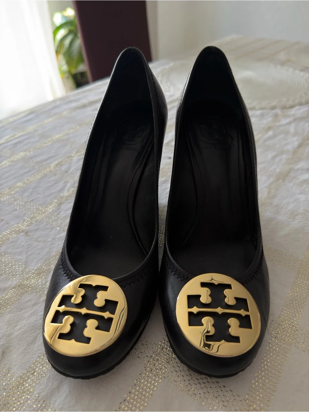 Tory Burch Black Wedge Pumps with Gold Logo Emblem